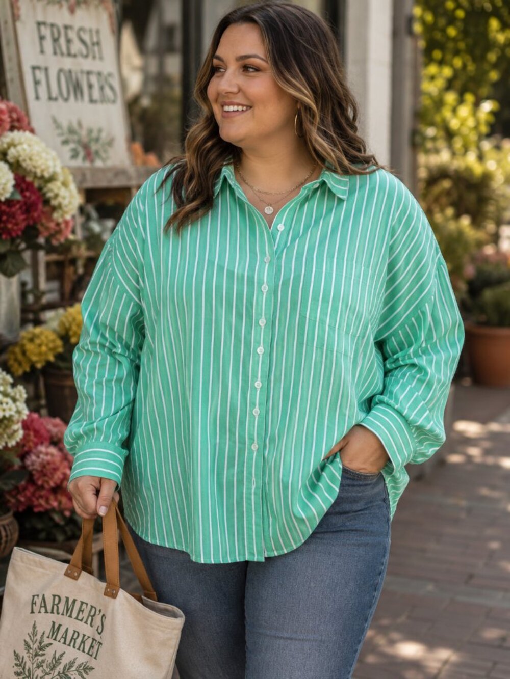 Bridge BG Gate Long-Sleeved Button-Down Shirt Green & White Stripe Sz B6 (5-6X)